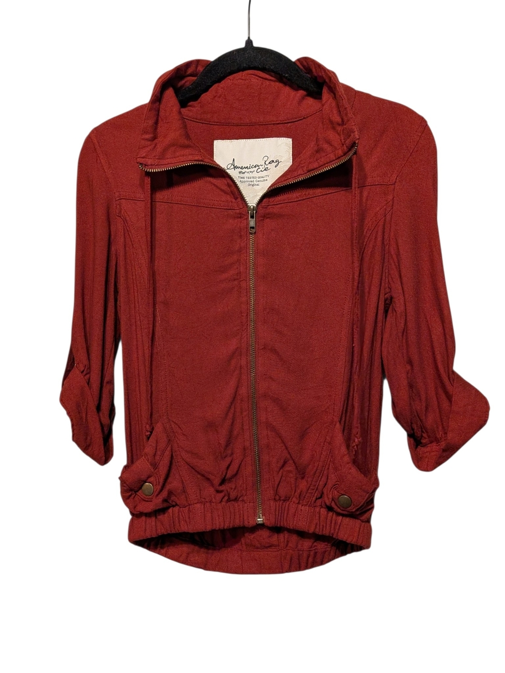 American Rag Brick Red Zip-Up Utility Jacket with Hood